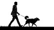 © PhotoMaster - Set Of Silhouette Illustrations: Person Walking Dog With Unused Leash Depicted In Walking Motion On White Background, A Person With A Dog In Black And White Wallpaper