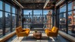 © Paul - Urban podcast studio featuring steel furniture, robust microphones, and massive windows overlooking a bustling cityscape. The industrial design is enhanced by exposed piping and neutral-toned decor