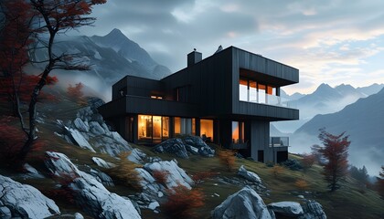 Wall Mural - Enigmatic Black House Amidst a Dramatic Mountain Landscape