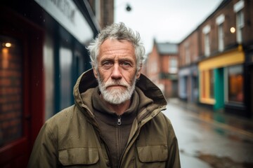 Wall Mural - Portrait of a senior man standing in a street in the rain.