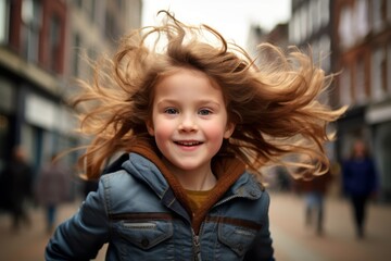 Sticker - Portrait of a smiling little girl with flying hair in the city