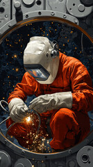 Wall Mural - A lone worker welds in a spacecraft with stars in the background.