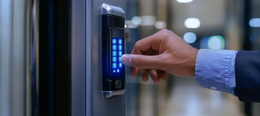 businessman push password code for digital lock door. cyber security system. generative ai technolog