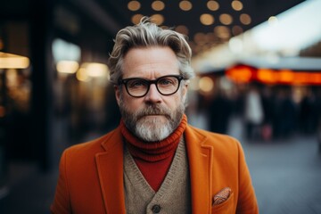 Wall Mural - Portrait of a handsome senior man with gray beard and mustache in orange coat and glasses on the street.