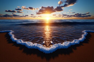 3D digital model of a tranquil beach at sunrise, with waves, sand, and sunlight fully animated in a serene, interactive environment