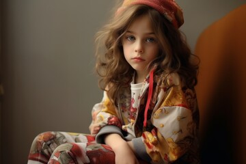 Sticker - Beautiful little girl with long curly hair sitting in a chair.