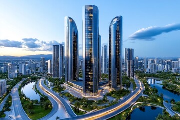 3D-rendered urban cityscape, with skyscrapers, roads, and green spaces fully modeled in a vibrant digital environment showcasing modern architecture