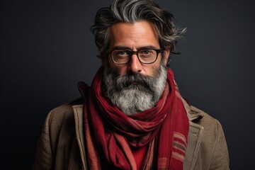 Wall Mural - Portrait of a handsome bearded Indian man with glasses and a red scarf.