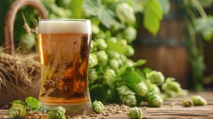 Refreshing Beer Glass with Hops and Barley Background