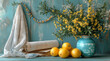 © Atlas - Fresh lemons with beautiful decorations on a blue background, created with Generative AI technology.