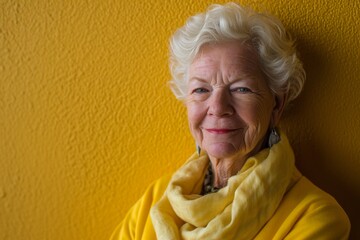 Wall Mural - Portrait of a senior woman with a yellow sweater on a yellow background