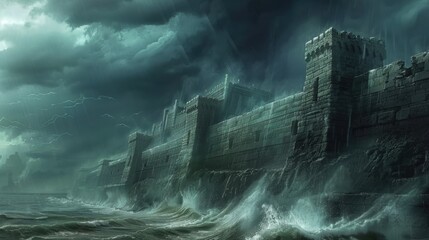 Dramatic Castle Under Stormy Sky and Rough Seas