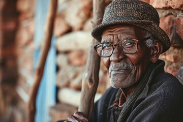 Wall Mural - Portrait of an old man with a hat and glasses in the village