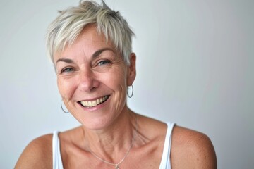 Wall Mural - Portrait of a happy senior woman smiling at the camera with copy space