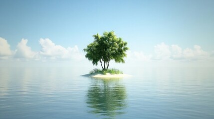 Canvas Print - A serene island with a single tree surrounded by calm water and a clear sky.