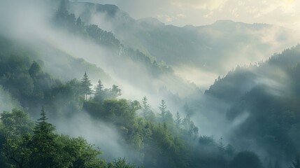 Sticker - Serene Misty Forest Landscape at Dawn