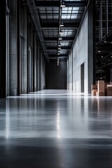 Sticker - Empty warehouse corridor with concrete walls and a smooth floor.