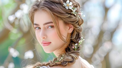 A close-up shot of a woman s intricate fishtail braid adorned with small fresh flowers