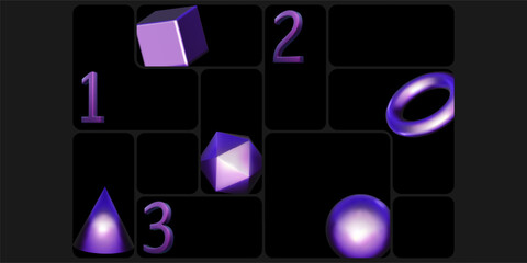Wall Mural - dashboard grid template. 3d metal sphere ball render, hologram cube prism, blue ring. photo frame mo