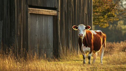 Wall Mural - A Hereford cow standing by an old barn, with its white face and red coat catching the warm sunlight.