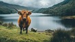 © sarun - A Highland cow standing near a lake in the Scottish Highlands, with its thick coat flowing in the breeze.