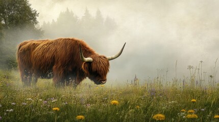 Wall Mural - A Highland cow with long, shaggy red hair grazing in a misty meadow, surrounded by tall grass and wildflowers.