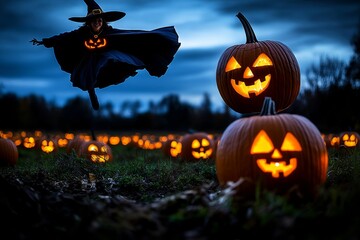 a witch flying low over a pumpkin patch on halloween night, her cape billowing behind her as glowing