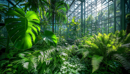 Wall Mural - A lush indoor garden filled with diverse tropical plants, showcasing vibrant greenery and natural light filtering through glass.