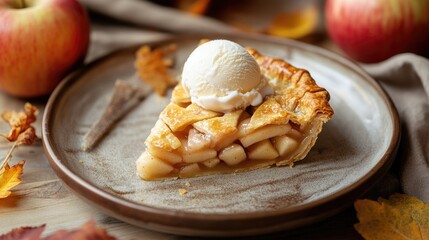 A slice of perfectly baked apple pie with golden crust, topped with a scoop of vanilla ice cream, placed on a rustic plate, ideal for a cozy autumn setting