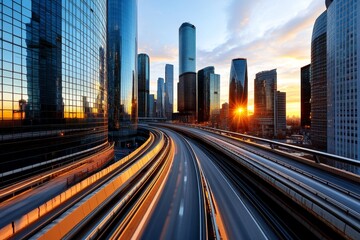 Wall Mural - Hyper-realistic view of a city skyline at sunrise, with detailed reflections on glass buildings and warm light casting long shadows across the streets