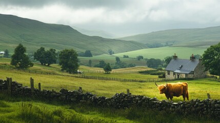 Wall Mural - Farmer tending to a Highland cow on a rural farm, surrounded by green hills and a traditional stone fence.