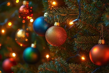 Christmas tree capturing vibrant baubles and twinkling lights 