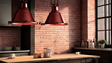 Aufkleber - Sunlight streaming through window in modern kitchen. With industrial lighting and red brick walls. Creating cozy. Stylish space for coffee or meals. Ideal blend of luxury and comfort in urban living