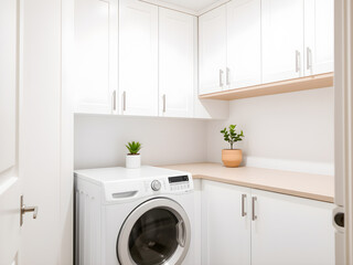 Luxury white modern kitchen with a washing machine. Nobody inside