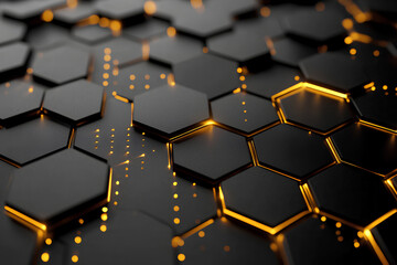 luxury hexagonal abstract black metal background with golden light lines. dark 3d geometric texture 