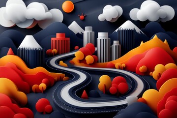 Simple urban street icon, depicting minimalist buildings and roads in a modern city landscape