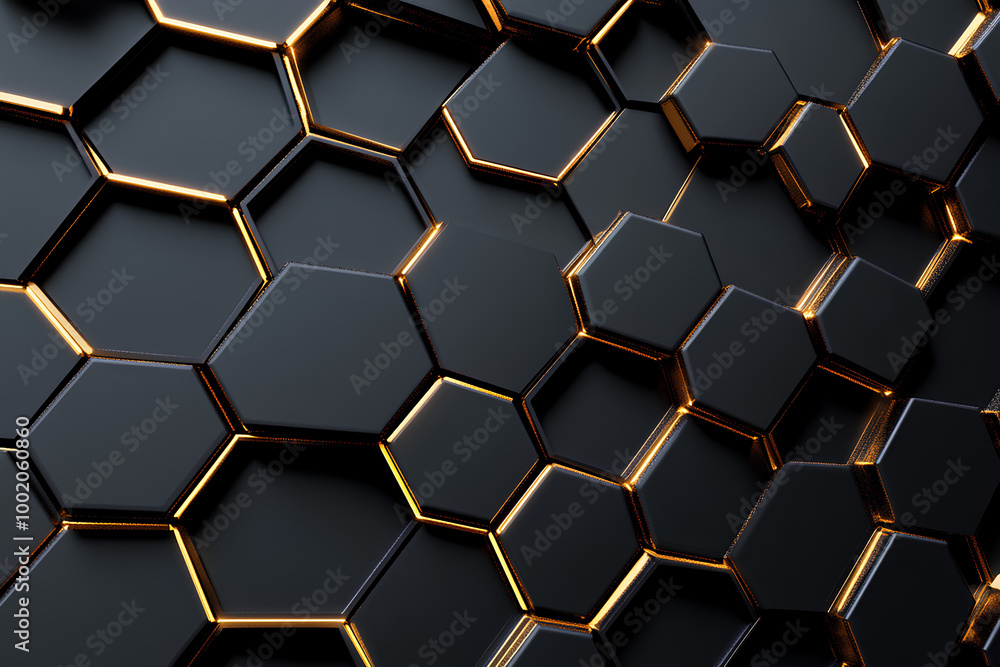 Luxury hexagonal abstract black metal background with golden light ...