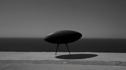 Sticker - A black, oval object with three legs stands on a concrete platform overlooking the ocean on a bright, sunny day.