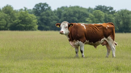 Wall Mural - Side profile of a Hereford cow in a grassy meadow, showing its strong body and distinctive color pattern.