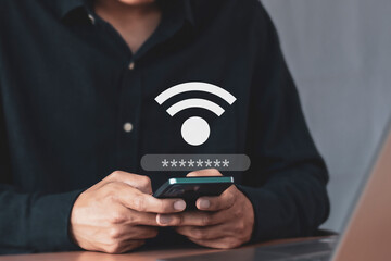 Wall Mural - use business smartphone with wifi icon, business communication social network concept.