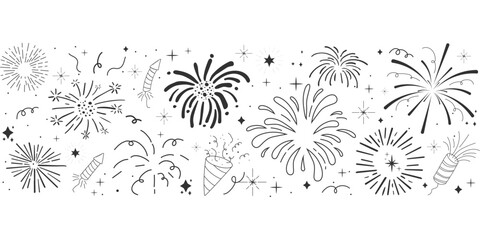 Sticker - fireworks festive explosion golden bursts, sparks in doodle style seamless pattern border. holiday c