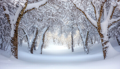 Wall Mural - A serene winter landscape with trees covered in snow, creating a peaceful and tranquil atmosphere.