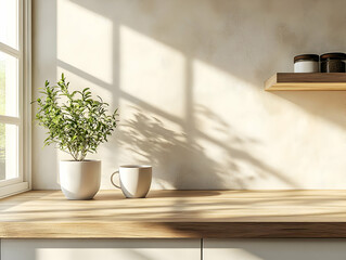 Bright kitchen scene with a plant and coffee cup on a wooden countertop, soft natural light streaming through the window.