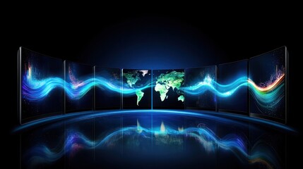 Poster - A futuristic display of interconnected screens showcasing a world map with vibrant waves.