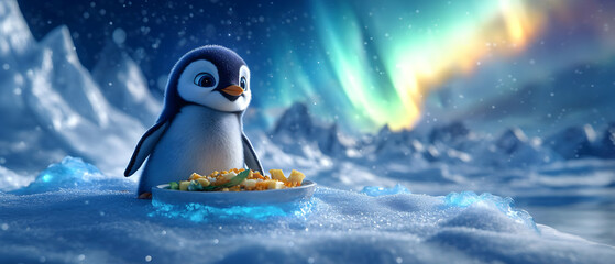 A cute penguin on a snowy landscape with a colorful aurora in the sky, holding a bowl of food, creating a serene winter scene.