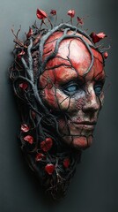 Wall Mural - Surreal Sculpture of a Face Entangled in Roots