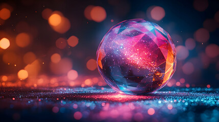 Wall Mural - A vibrant crystal ball on a sparkling surface, radiating colorful light reflections and ethereal bokeh effects.