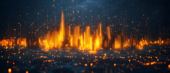 Wall Mural - Futuristic cityscape illuminated with fiery orange lights against a dark background.