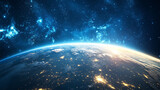 Panoramiczny widok Ziemi z perspektywy kosmicznej, z wyraźnie widocznymi miastami świecącymi w ciemności oraz lekkimi, świetlistymi chmurami.