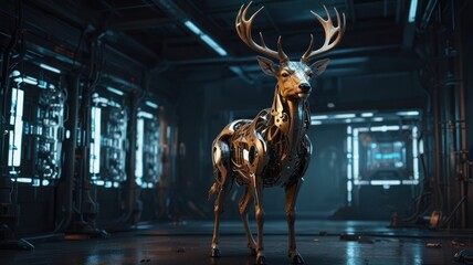 Canvas Print - A robotic deer stands in a futuristic, metallic room.